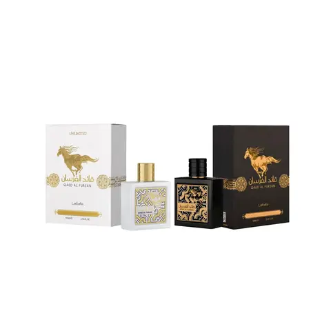 Lattafa Qaed Al Fursan & Unlimited EDP Duo Set, 3.4fl.oz Unisex Arabian Fragrance Spray for Adults, Alcohol Base Long-Lasting Powdery Sweet Floral Vanilla Musk Scent with Yellow Floral Heart, Alcohol-Containing Arabic Bottle