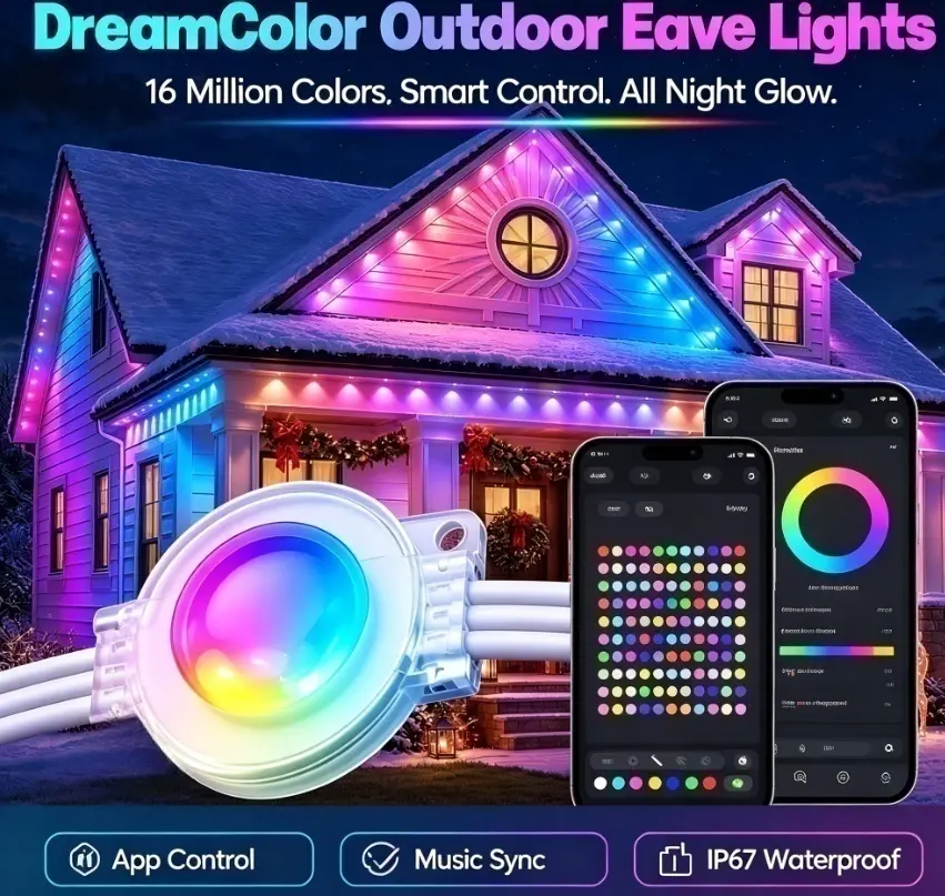 Permanent Outdoor Lights 500FT RGB+IC Eaves Light for House, 16M Colors, 50+ Scenes, App & Remote Music Sync, Cuttable, IP67 Weather Resistance for Year-Round Home Improvement Use