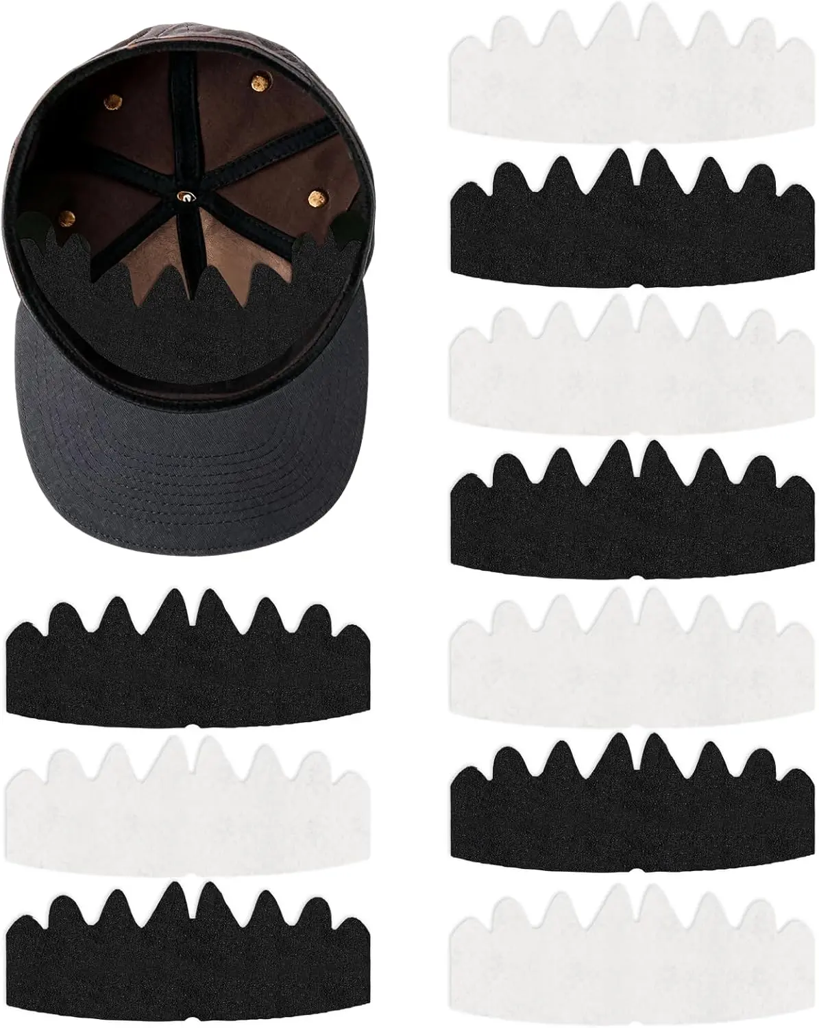 10 PCS Unisex Adult Baseball Cap Inserts - All Seasons Breathable Felt Hat Shaper Stiffener, Tear-Resist, Flexible, Machine Washable, Reusable, Trimmable (11.4×4.9in), Moisture & Stain Resistant, No Glue/Stitching Needed Sweat Liner (Black & White)