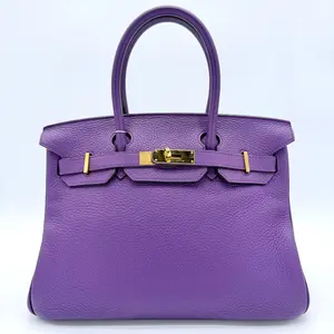 Pre-owned HERME LEATHER Tote Bags Birkin 30 Clemence Bag Purple With Gold Hardware