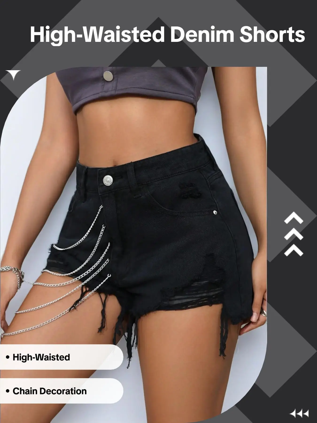 High Waist Denim Shorts Jean Shorts Denim Jorts Womenswear Fit with Metal Chain Decoration, Distressed Hem Design, Perfect for Summer, Trendy Streetwear Style