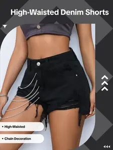 High Waist Denim Shorts Jean Shorts Denim Jorts Womenswear Fit with Metal Chain Decoration, Distressed Hem Design, Perfect for Summer, Trendy Streetwear Style