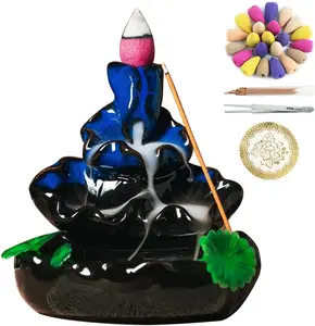 Cute Ceramic Backflow Incense Holder Waterfall Incense Burner with 48 Incense Cones and 30 Incense Stick, Incense Fountain for Home Decor, Desk Decor (Dark Blue)