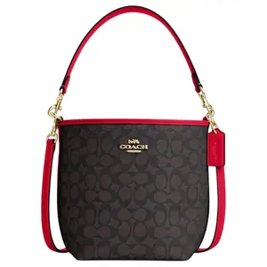 COACH City Bucket 17 Handbag for Women – Monogram-Print Coated Canvas Bucket Bag with Metal Logo, Black and Red