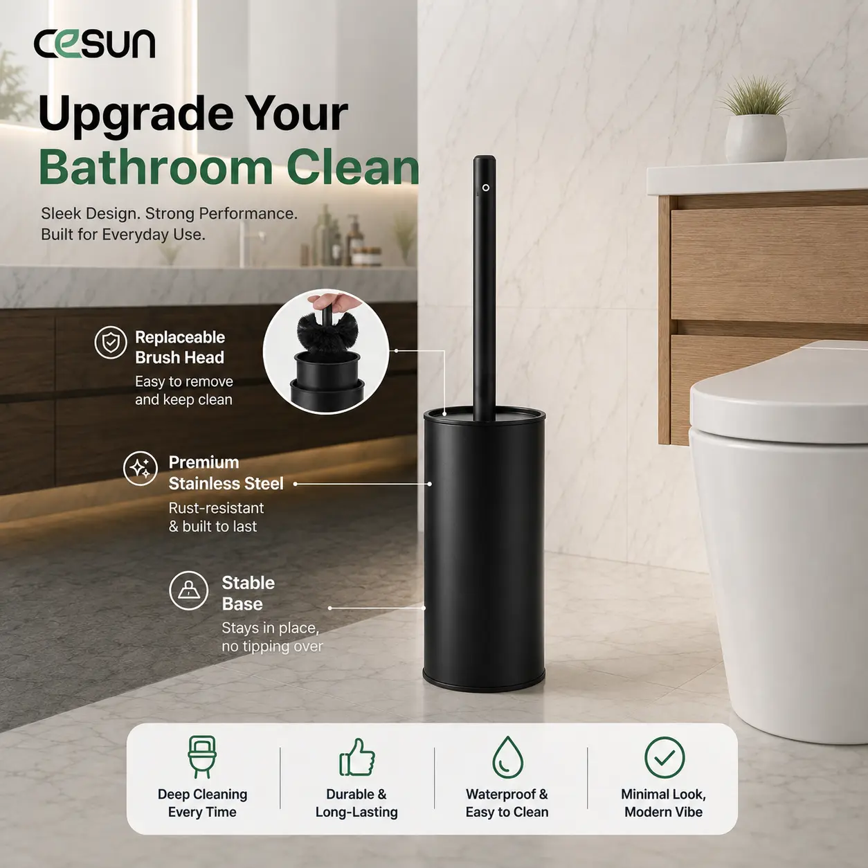 Cesun Toilet Brush and Holder Set with 2 Brush Heads, Curved Toilet Bowl Brush for Under Rim Cleaning, 304 Stainless Steel Holder, Long Handle Toilet Scrubber, Black