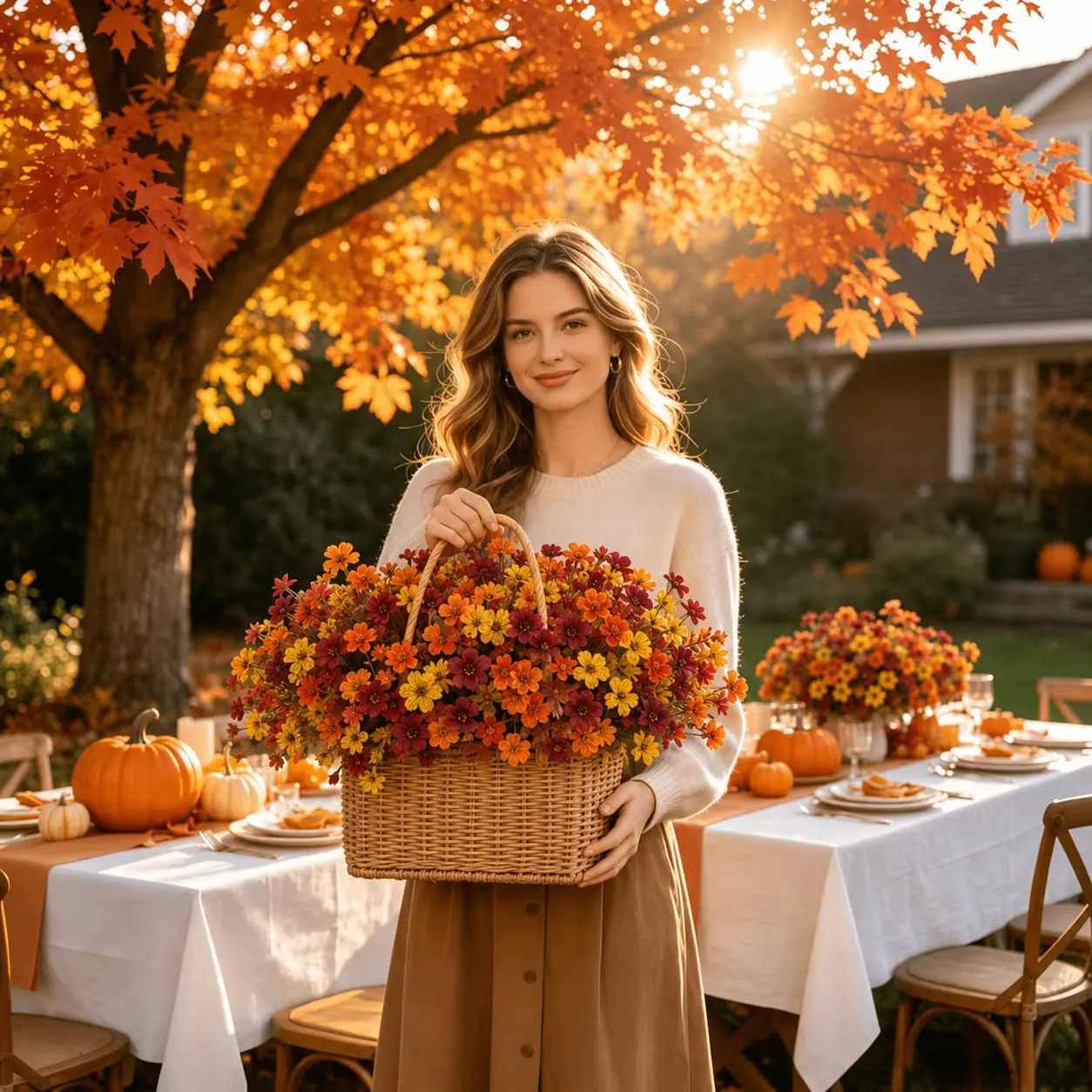 Decorative Casual Artificial Fall Mixed Flower Stems - Modest Orange, Burgundy, Yellow Faux Florals, Long-Lasting Arrangements for Christmas, Halloween, Evening Home Decor, Box, Basket, Vase Supplies