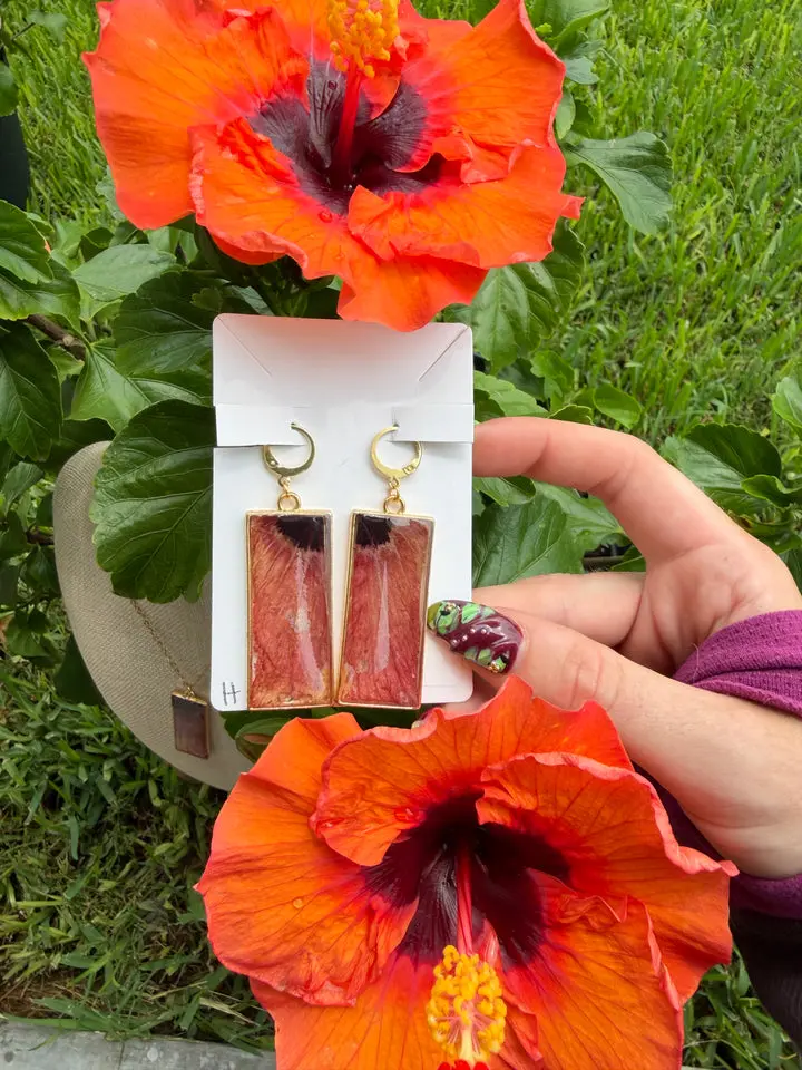 Gold Hibiscus Rectangle Earrings, Floral Costume Jewelry, Bold Coral Tones, Dramatic Dark Center, Hand Set, No 2 Are Exactly Alike