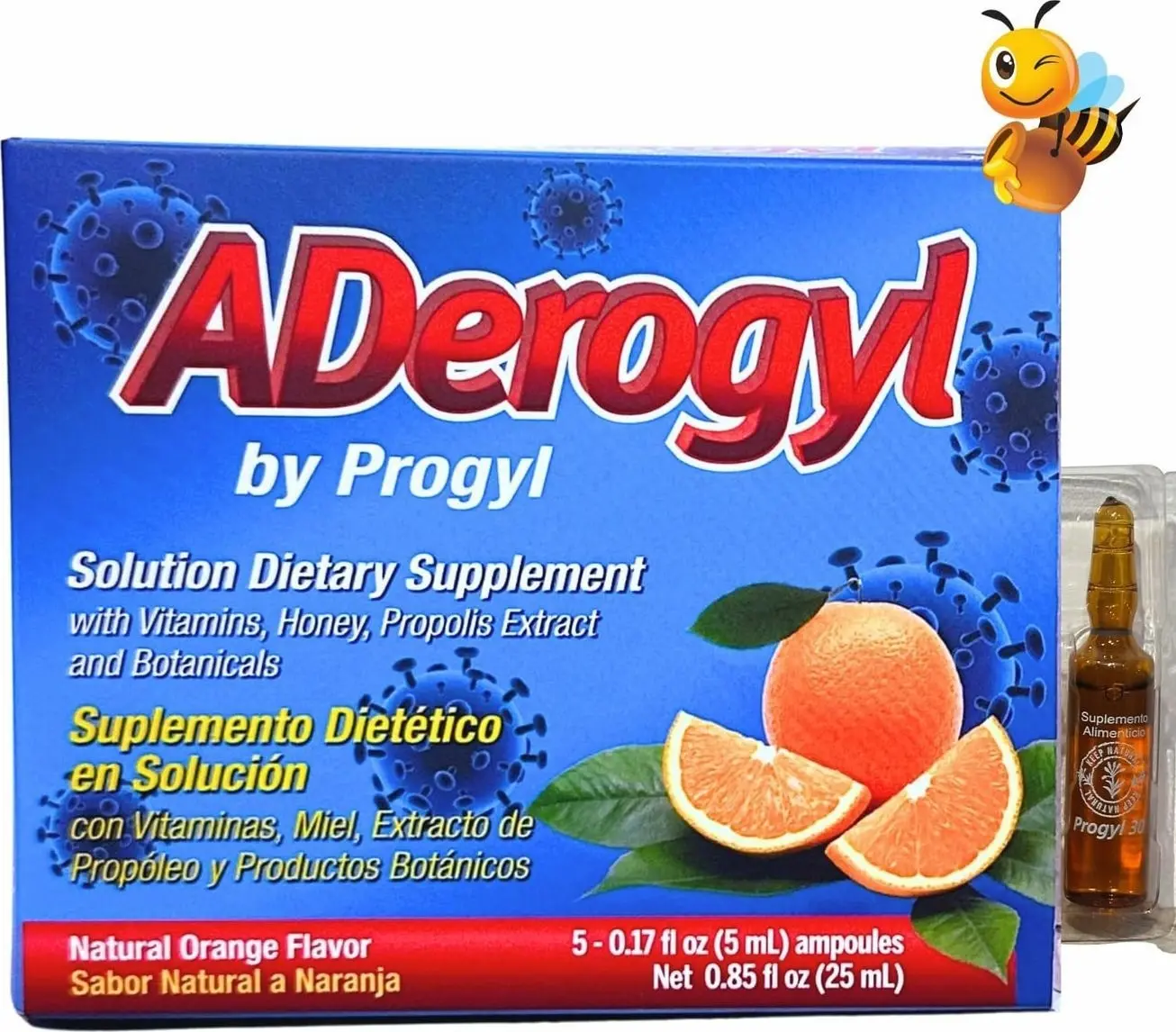 Aderogyl Oral Liquid Vitamins with A, C, D, E, Zinc, Bee Honey, Propolis, and Botanical Extracts - Natural Orange Flavor - 5 Immune Support Supplement Ampoules (0.85 fl oz / 25 ml)