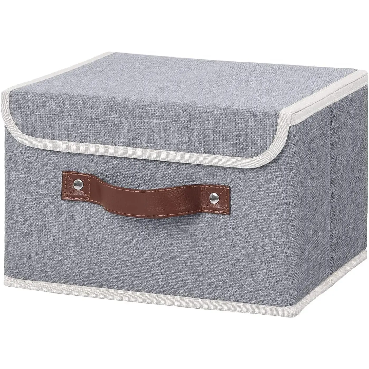 Small Gray Rectangular Collapsible Storage Bin with Lid - Cotton Linen Fabric, PP Plastic Board, PU Leather Handles, Decorative Home Closet Organizer Boxes, Rectangle