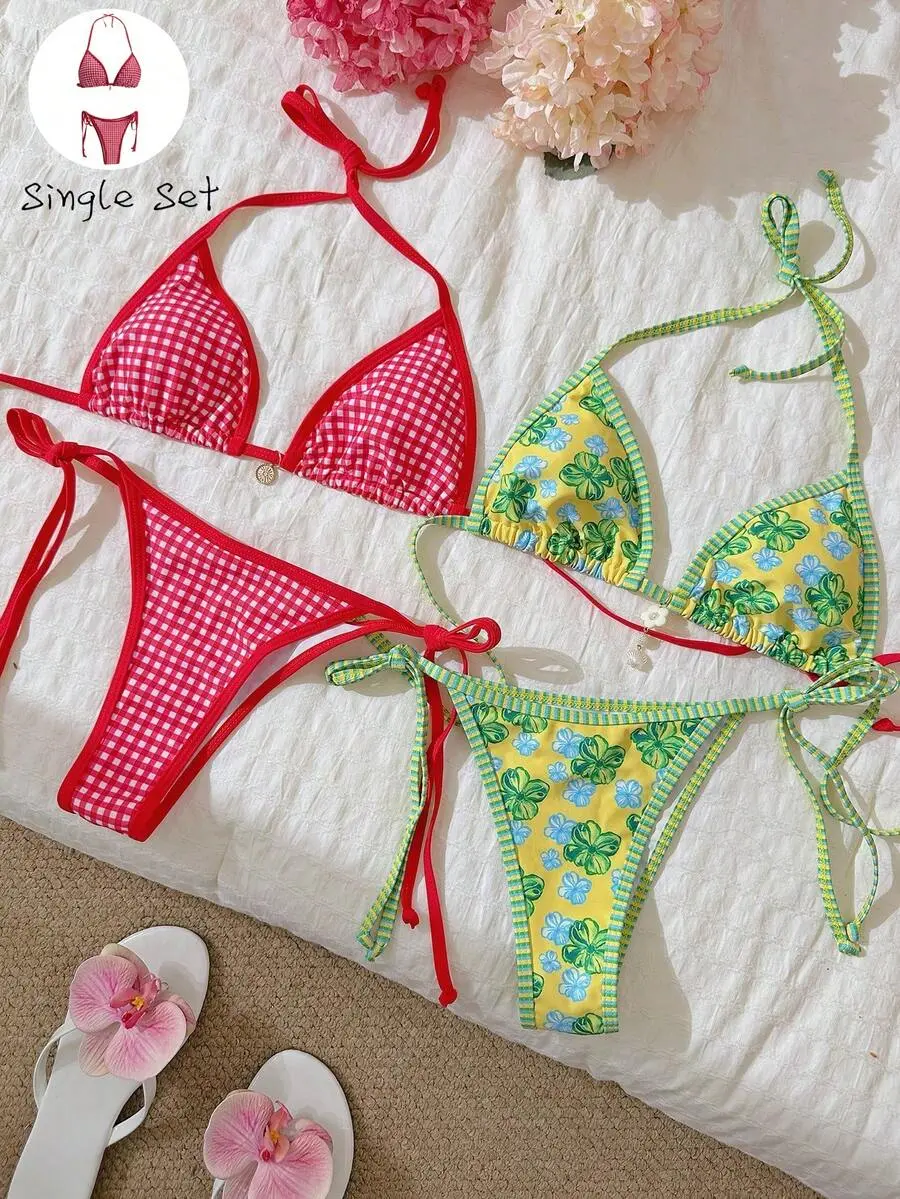 2pcs Women's Summer Plaid Print Spaghetti Strap Metal Decor Side Tie Sexy Bikini Set