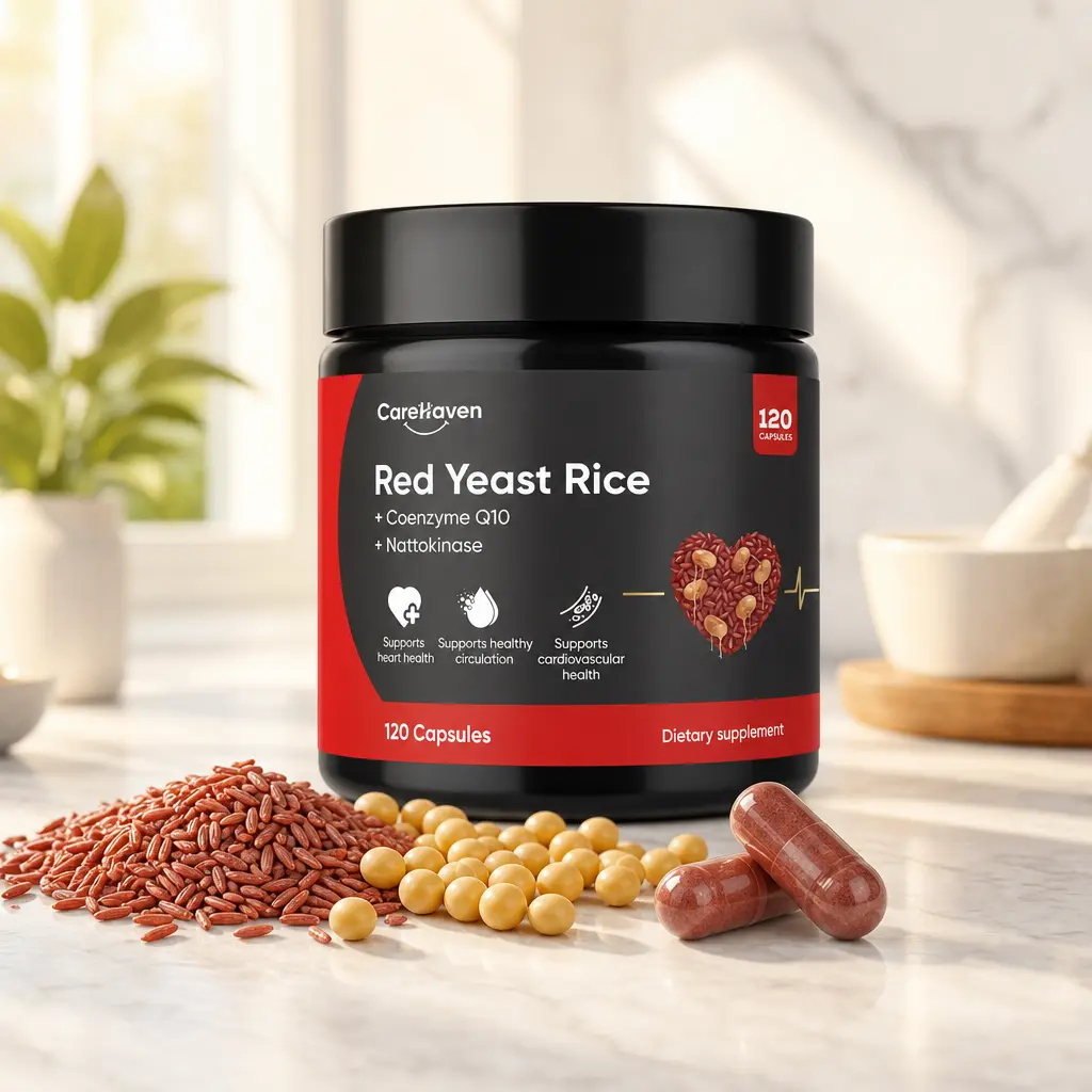 CareHaven Red Yeast Rice 1000mg Capsules - 120 Vegan, Citrinin-Free, Gluten-Free, Naturally Derived Supplement for Adults, Cholesterol & Heart Health, with Nattokinase, CoQ10,Supplement Stack & Daily Nutritional Support