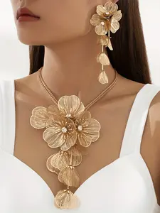 Fashion Hollow Flower Tassel Earrings Y-Shaped Necklace Set, Vintage Exaggerated Long Floral Fashionable Jewelry Set for All Seasons