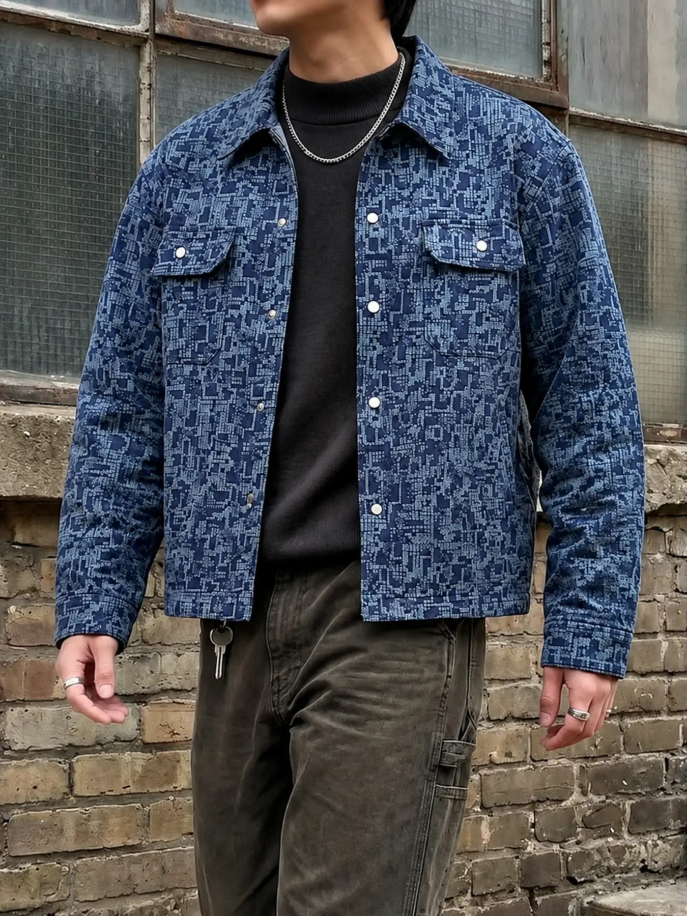 Textured Shacket Jacket for Men with Snap Buttons and Chest Pockets, Streetwear Workwear Overshirt for Fall Layering and Elevated Casual Looks