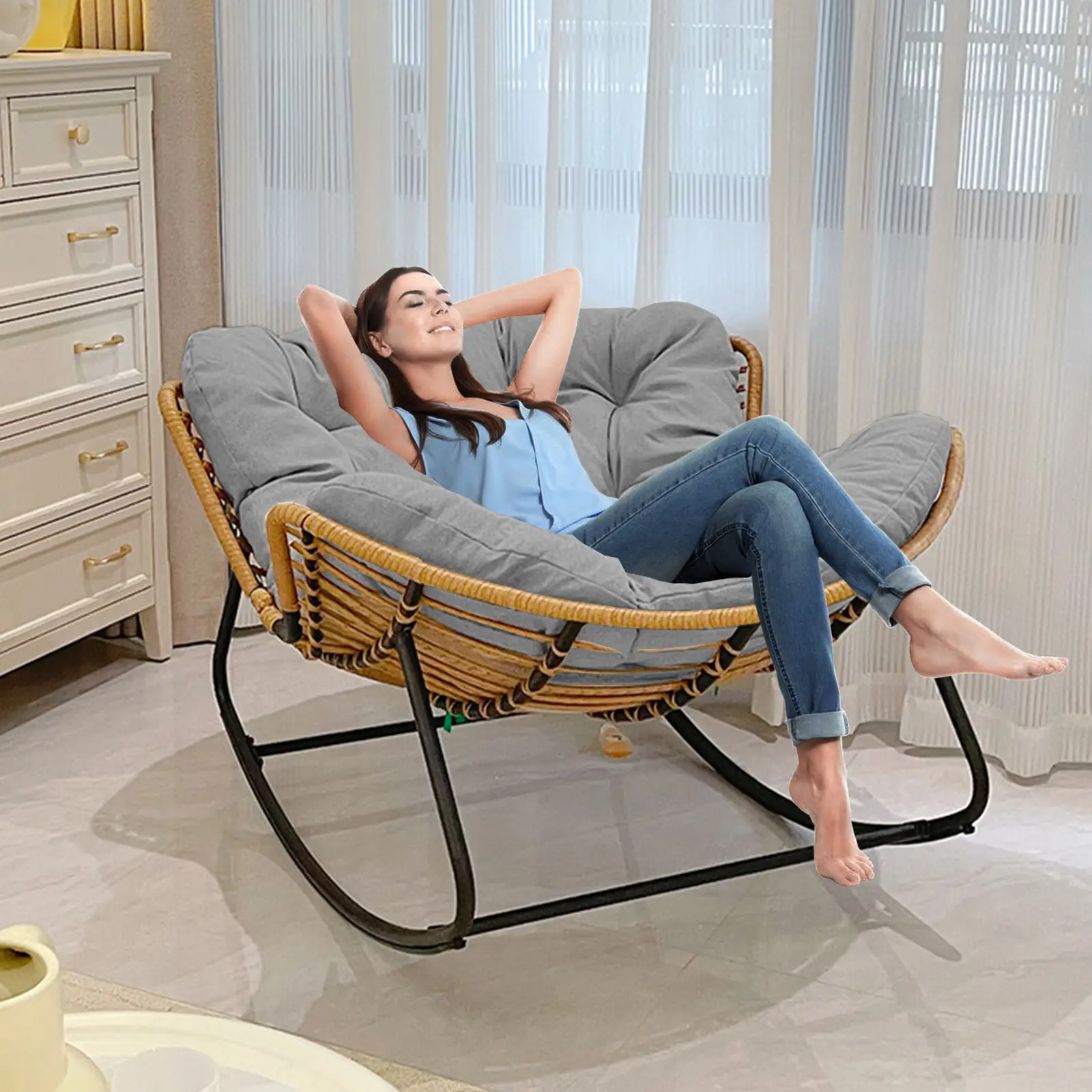 Reclining Rocking Chair/Comfy Front Porch Furniture, Indoor Living Room/Bedroom Reading Chair, Patio/Backyard Big Outdoor Tanning Chair/Patio Rattan C