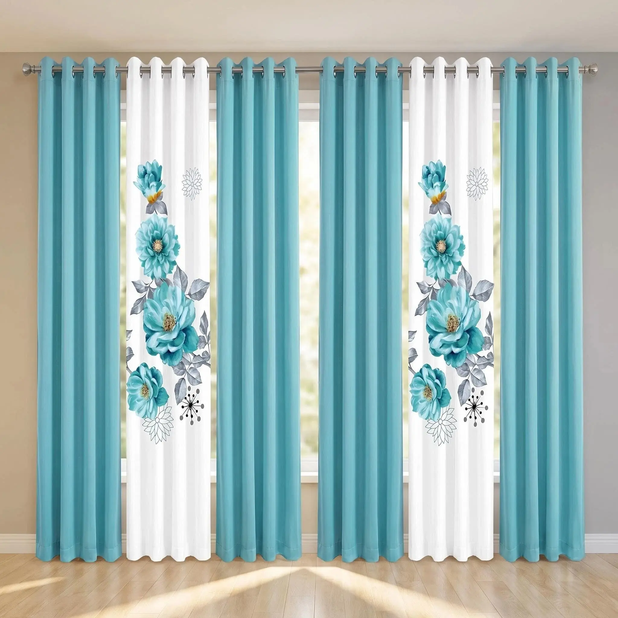 flower pattern Luxury Modern 6 Piece Curtains Set Bamboo microfiber curtains for living room Farmhouse Bedroom home Decor idea Queen King Size Gift Bag valentine's day cozy cool soft cortinas para cuarto