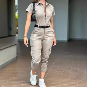 2025 New Women's Fashion Zipper Coveralls Short Sleeve Lapel Multi-Pocket Belt Jumpsuit