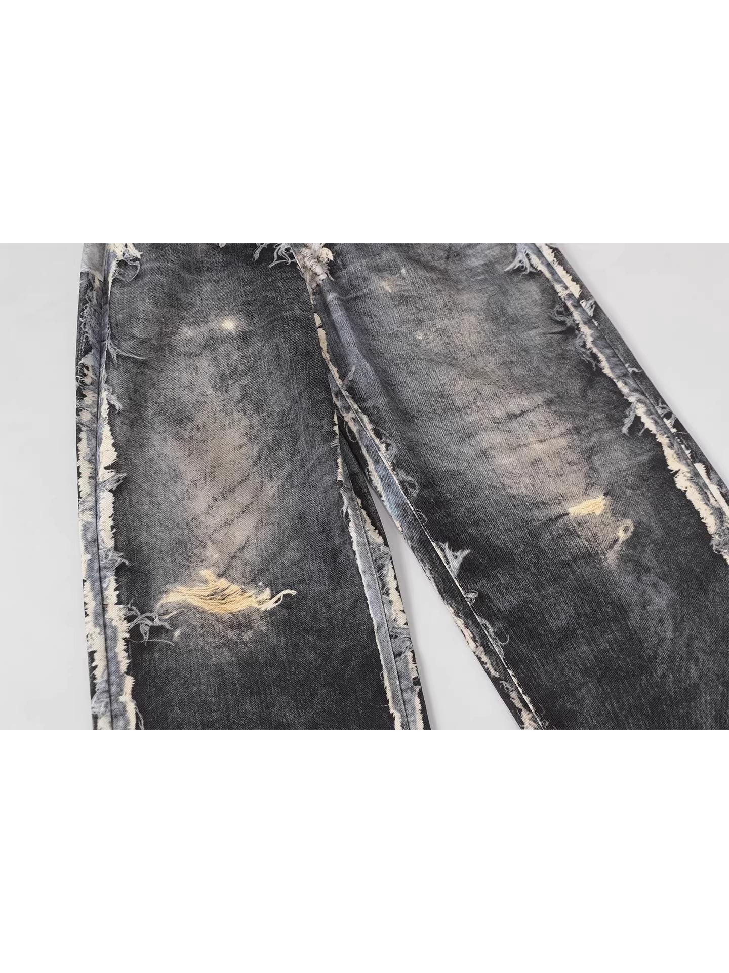 American Distressed 3D Digital Print Fake Two-Piece Jeans - Baggy Streetwear Loose Wide-Leg Pants