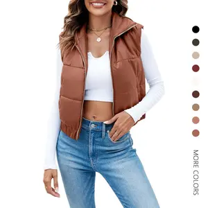 Danedvi Womens Faux Leather Puffer Vest High Stand Collar Zip Up Sleeveless Winter Cropped Jacket Gilet