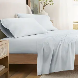 100% Percale Cotton 4PC Sheet Set, Brushed & Pre-Washed Bedding for Softness & Comfort - Becky Cameron, Blue Mist, Queen