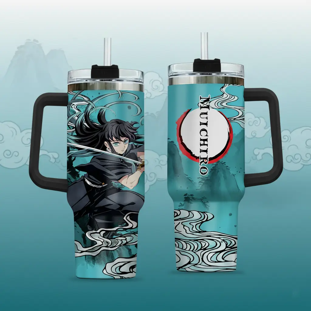 Classic Demon Slayer Muichiro Tokito 40oz Insulated Stainless Steel Tumbler Flasks - Triple-Insulation, Smart 2-in-1 Lid, Handle, Leakproof Straw, Portable Refillable Insulated Tumbler Mugs for Road Trips, Premium Anime Fan Gift Merch, Anime Style Mugs