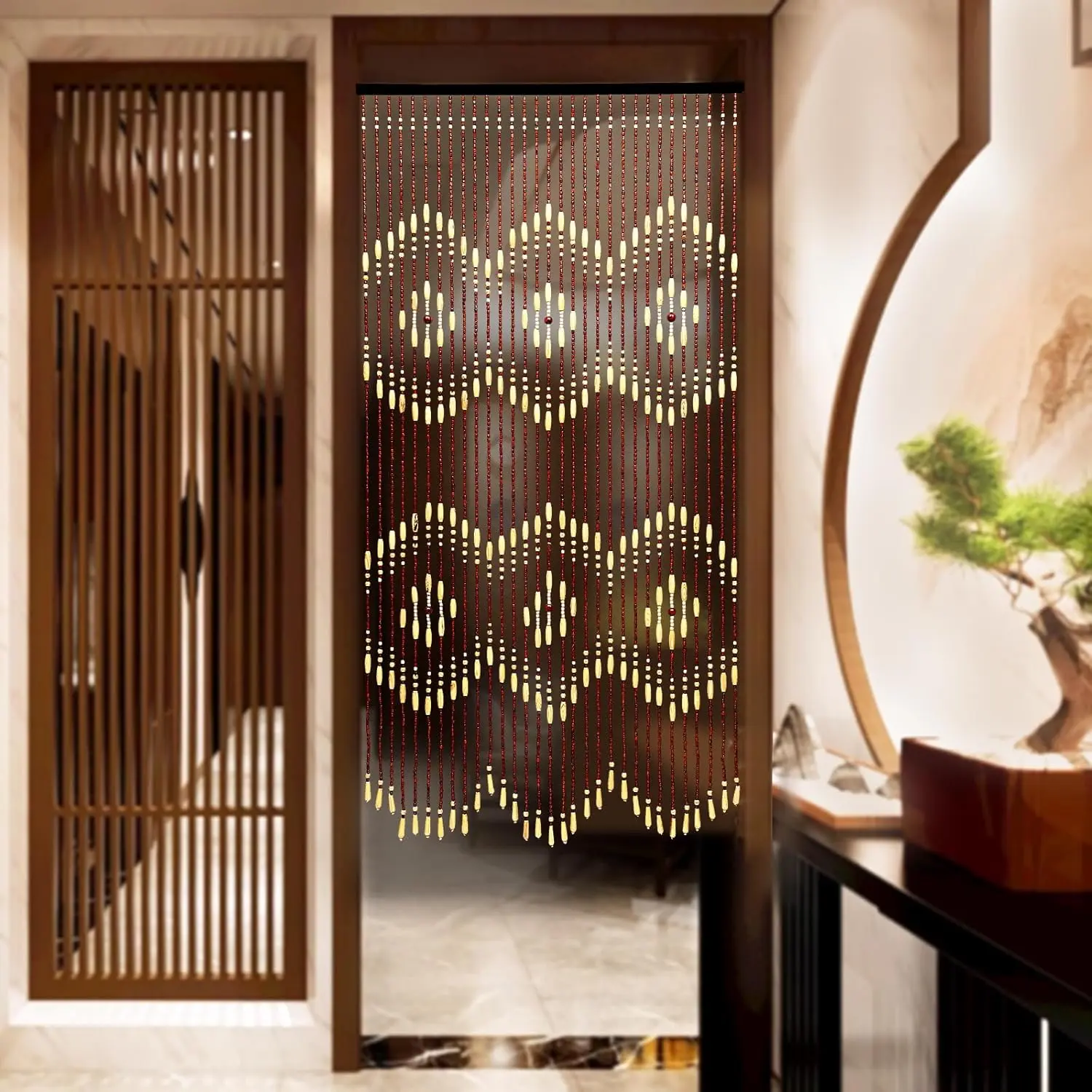36x70in Boho-Bohemian Natural Wooden Door Beaded Curtain Doorway Beads Bamboo-Like Window Front Door Decor Curtains Home Decor Gift Set Beige Brown Door Curtain Beads (Beige&Brown(35.43L* 68.9H))