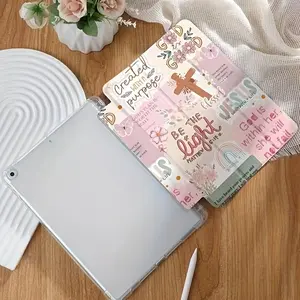 Pink cross letter pattern, with adjustable bracket and pen slot, foldable non-slip TPU protective case, suitable for iPad mini, iPad Air, iPad Pro/iPad 10th generation, 11th generation and other series iPad protective cases