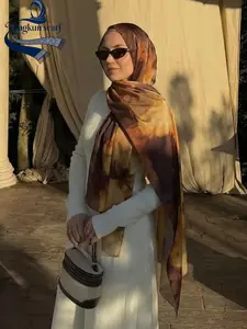 Fashion Tie-Dye Satin Silk Hijab Scarf, Elegant Printed Headscarf for Women, Muslim Daily Wear Turban, Breathable Beach Long Shawl, Wrap