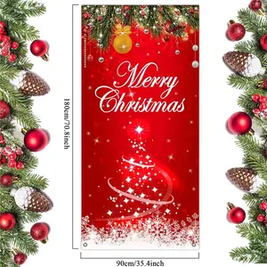 Red Christmas Door Cover Banner Merry Xmas Decoration for Holiday Party, Photo Booth Backdrop, Winter Home Decor