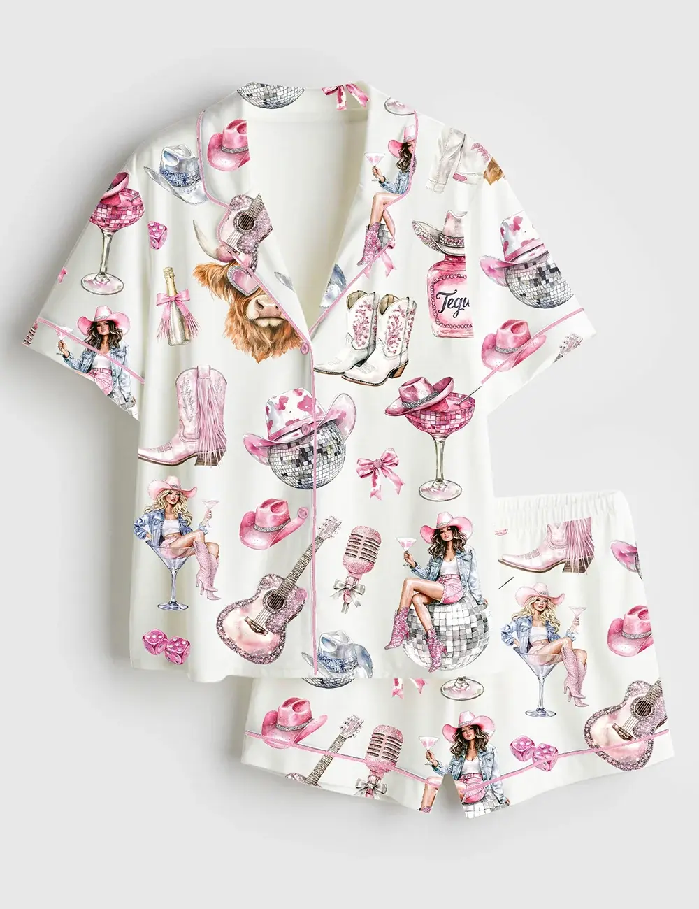 Western Cowgirl Highland Cow Long and Short Sleeve Pajama Set, Sleepwear for Women, Pjm for Girls