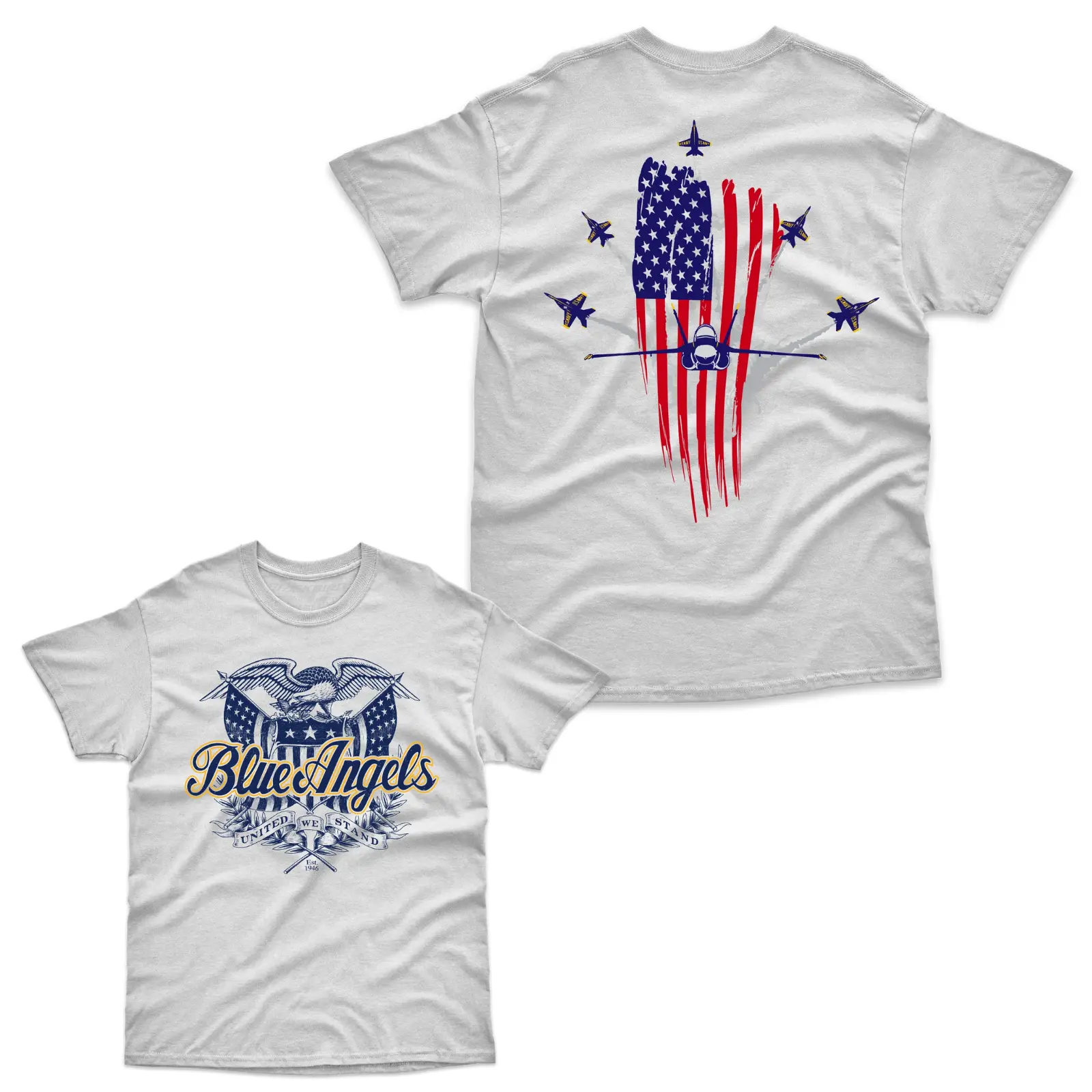 Men's & Women's Blue Angels Patriotic Cotton Short-Sleeve T-Shirt - American Flag Decal, 2-Sided Jet Formation, Eagle, Script Logo Graphic, U.S. Navy Flight Demo Tribute, Distressed, Aviation Fans, Casual Top, American Flag Decal Men's Short-Sleeve T-Shir