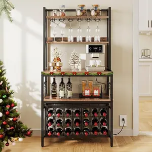 DWVO Kitchen Microwave Bakers Stand with Wine Rack, Wine Rack Freestanding Floor, Small Storage Shelves for Liquor Bottle Glasses Power Outlet Farmhouse Coffee Bar 31 Inch, Rustic Brown