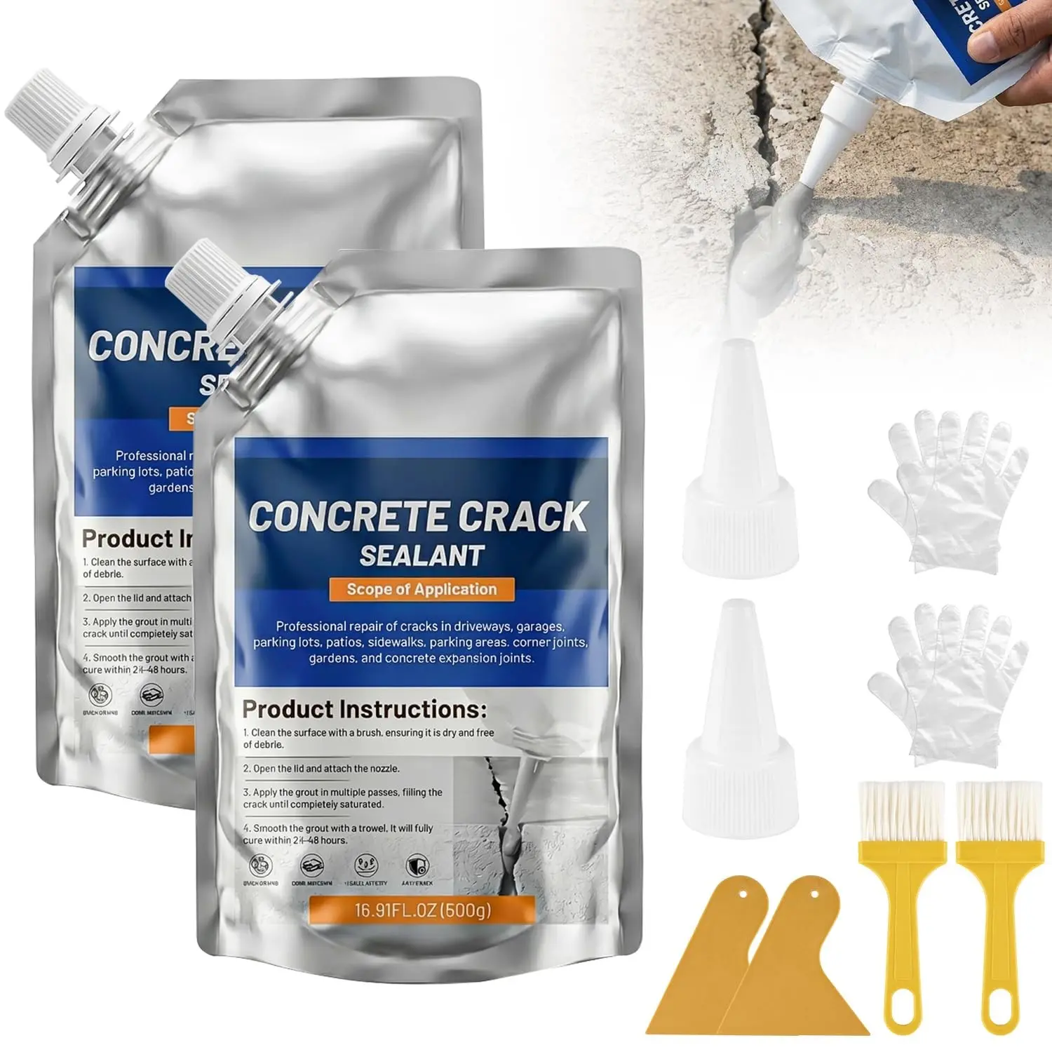 Concrete Crack Filler, Self-Leveling Magic Crack Filler for Concrete, Waterproof Repair Sealant for Cement Driveways, Patio, Sidewalk, Indoor & Outdoor, High Elasticity and Quick-Drying-2PCS