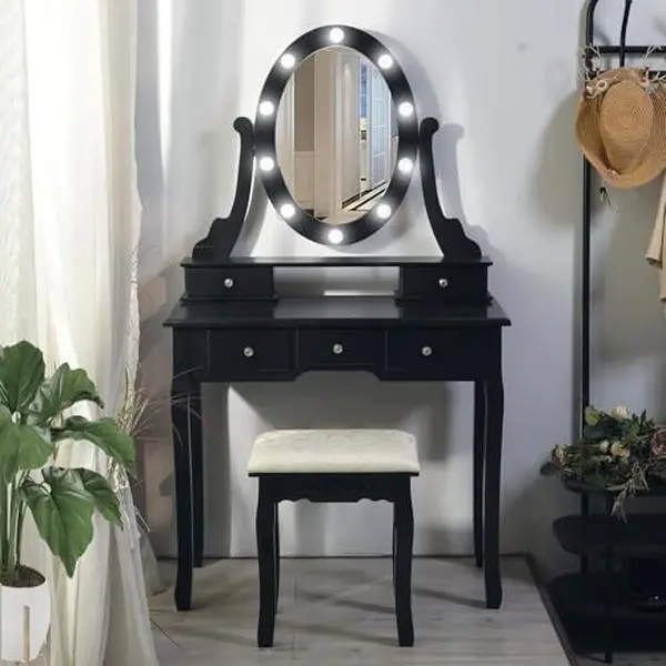Modern Makeup Vanity with Lighted Mirror & Cushioned Stool, Black Girls Vanity Set with 5 Drawers, LED Vanity Desk with Adjustable Lights, Wooden Dressing Table for Kids, Teens & Women Bedroom Black