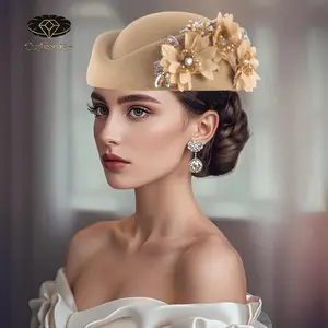 Women Pillbox Hat with Flowers Vintage British Style Derby Hats Felt Berets Fascinators Caps for Church Tea Party