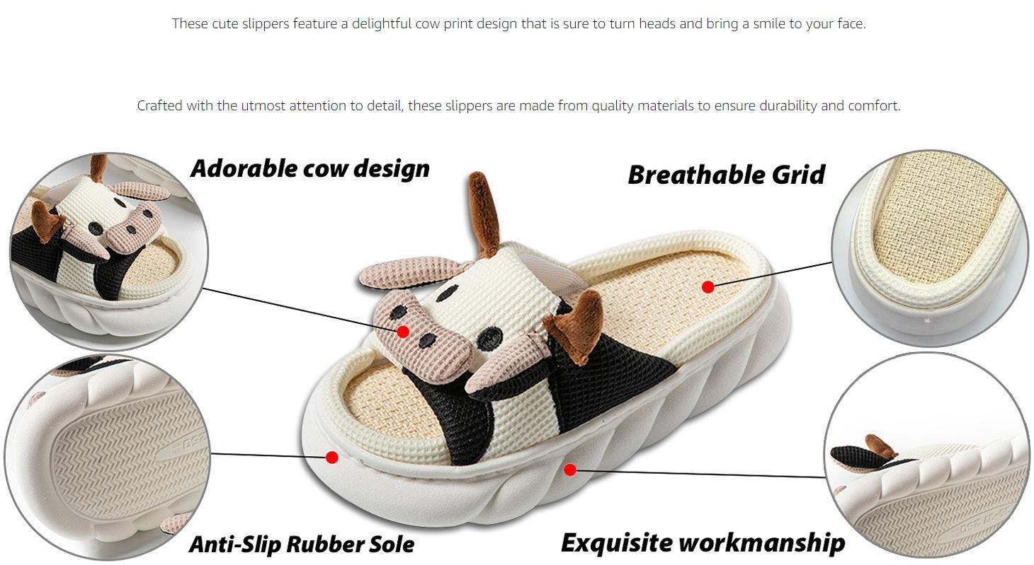 Women’s Cute Cow Print Cartoon Look House Slippers - Open-Toe Slip-On Shoes with Cushioned Bed, Non-Slip Sole, Lightweight All Seasons Indoor/Outdoor Footwear for Bedroom, Lounging