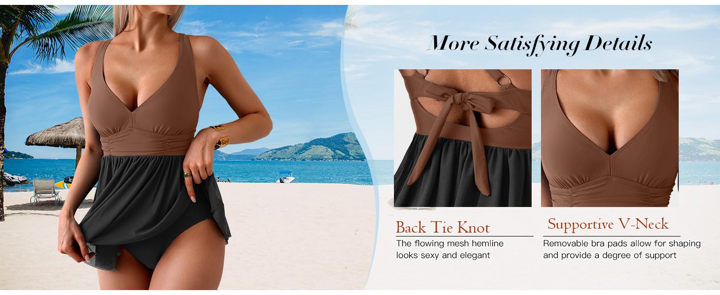 Aidonger Women's One Piece Swim Dress Swimsuit Tummy Control Mesh Swimdress V Neck Bathing Suit Skirt Tie Back Swimwear