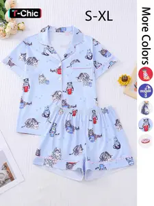 Women's All Over Cat & Dog Print Pajama Two-piece Set, Casual Comfy Short Sleeve Tee & Shorts PJ Set, Ladies Sleepwear for All Seasons, Loungewear, Casual Nightwear, Cartoon Print Pajama
