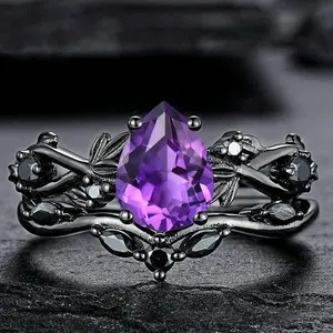 Stylish Black Gunmetal Wedding Rings with Purple Diamond Inlay Unique Engagement Jewelry for Women