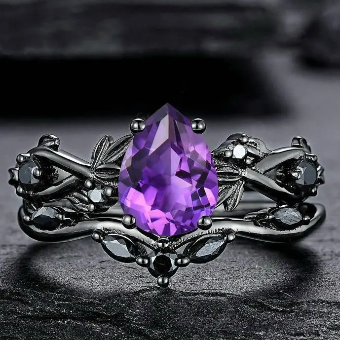 Modern Engagement Ring for Women, Glamorous Black Gunmetal Wedding Band with a Unique Purple Diamond Inlay, Elegant, Fashion Rings, Spark