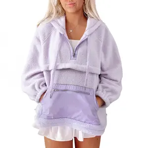 Women’s Lilac Plain Elastic Cuff Zipped Patch Kangaroo Pocket Fuzzy Drawstring Hoodie