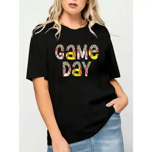 Women's Pure Cotton Fitted Crew Neck Short Sleeve Graphic Tshirt - Black Streetwear Casual Top with Game Day Baseball Letter Print for Sports Events
