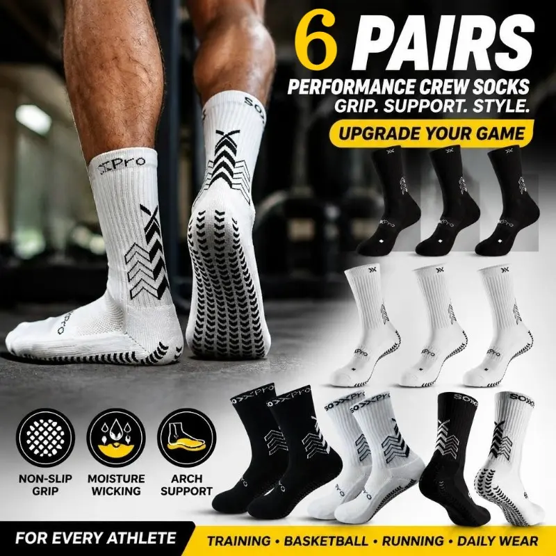 6Pairs/Pack Men's High Performance Crew Socks Set, Supporting Anti Slip Socks, Breathable Round Neck Socks Suitable for Basketball, Football, Running, Exercise, and Leisure, Black and White Sports Socks for Athletes