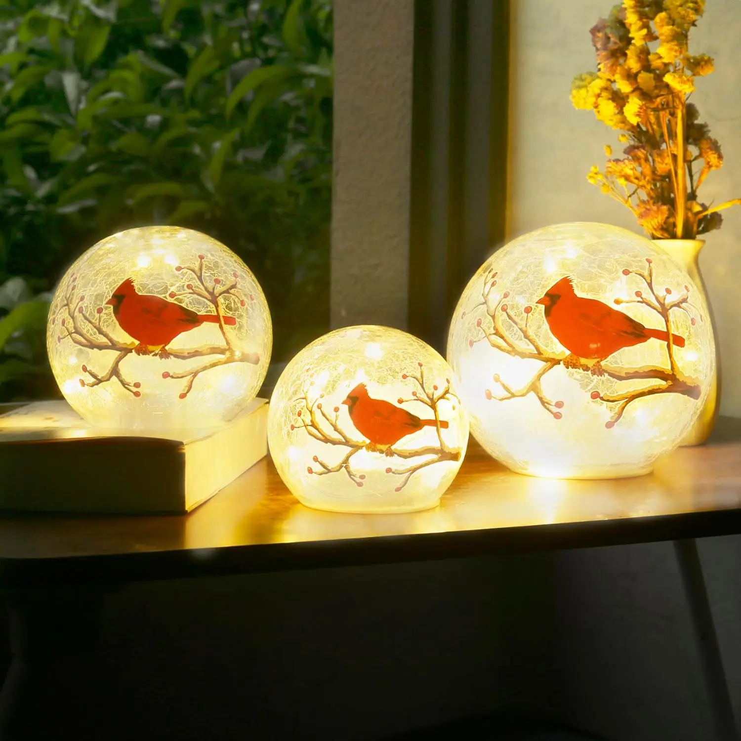 Cardinal Stained Glass Lamp with Timer Battery Operated LED for Christmas Home Desk Decor