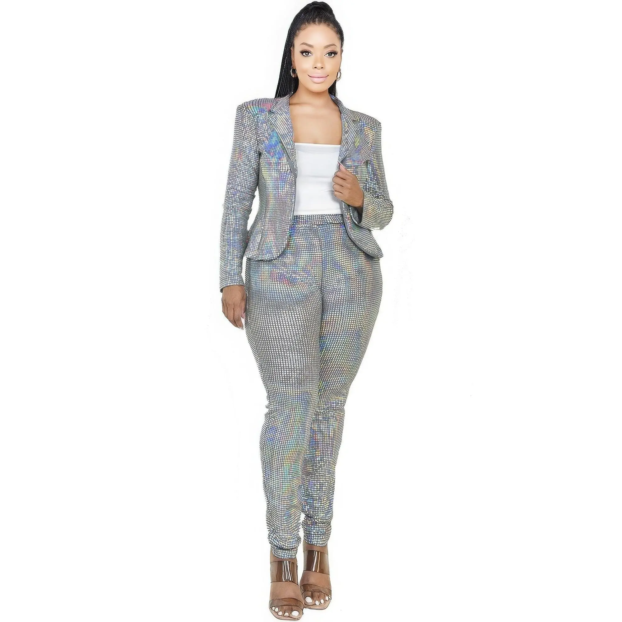 Women's Plus-Size Chic Padded Polyester 2-Piece Disco Metallic Sequins Jacket Set, Fashionable Style Outfit, Comfortable