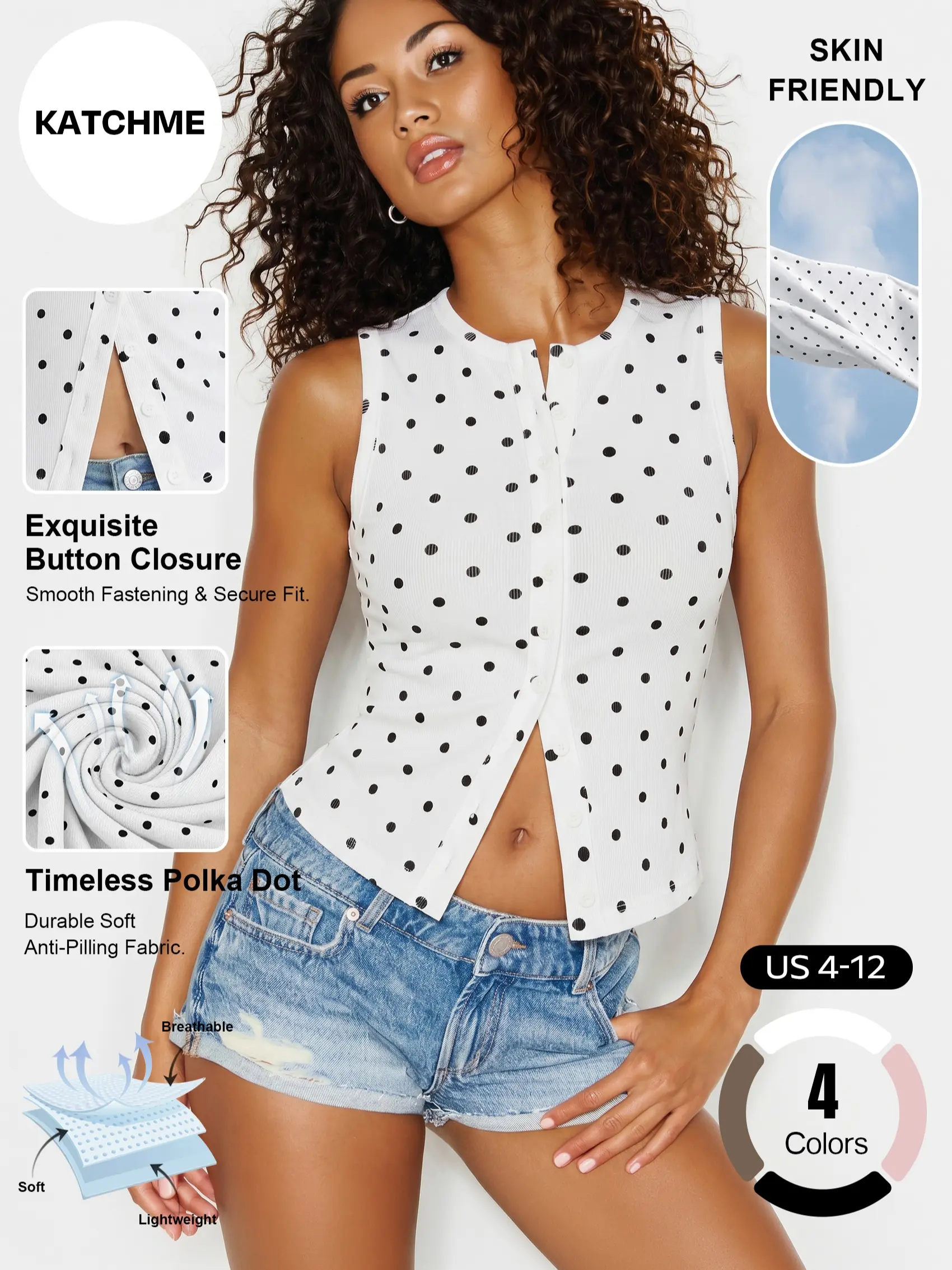 Katch Me Chic Women's Versatile Polka Dot Button-Up Short Sleeve Flattering Top, Soft Skin-Friendly Breathable T-Shirt for Summer Streetwear, Lightweight Stretch Pill-Resistant Daily Outfit #TikTokMadeMeBuyIt #SummerEssentials #CasualTop