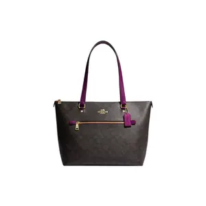COACH Gallery 32 Classic Monogram Zip Tote Bag for Women, Coated Canvas and Leather, Brown and Deep Magenta