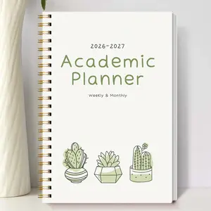1pc 2026 Jan-2027 Dec Weekly And Monthly Academic Year College Planner Calendar Notebook, 5.7" X 8", A5 Monthly Planner Notebook with Green Plant Cover, Personal Organizer, Office & School Supplies