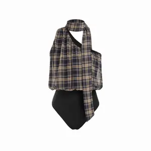 Cider Plaid Halter Neck Asymmetrical Crop Blouse Bodysuit With Scarf