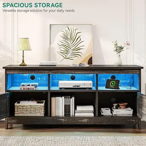 DWVO Farmhouse TV Stand with Power Outlet, Entertainment Center, LED Light Media Console, Simple TV Cabinet for Living Room or Bedroom