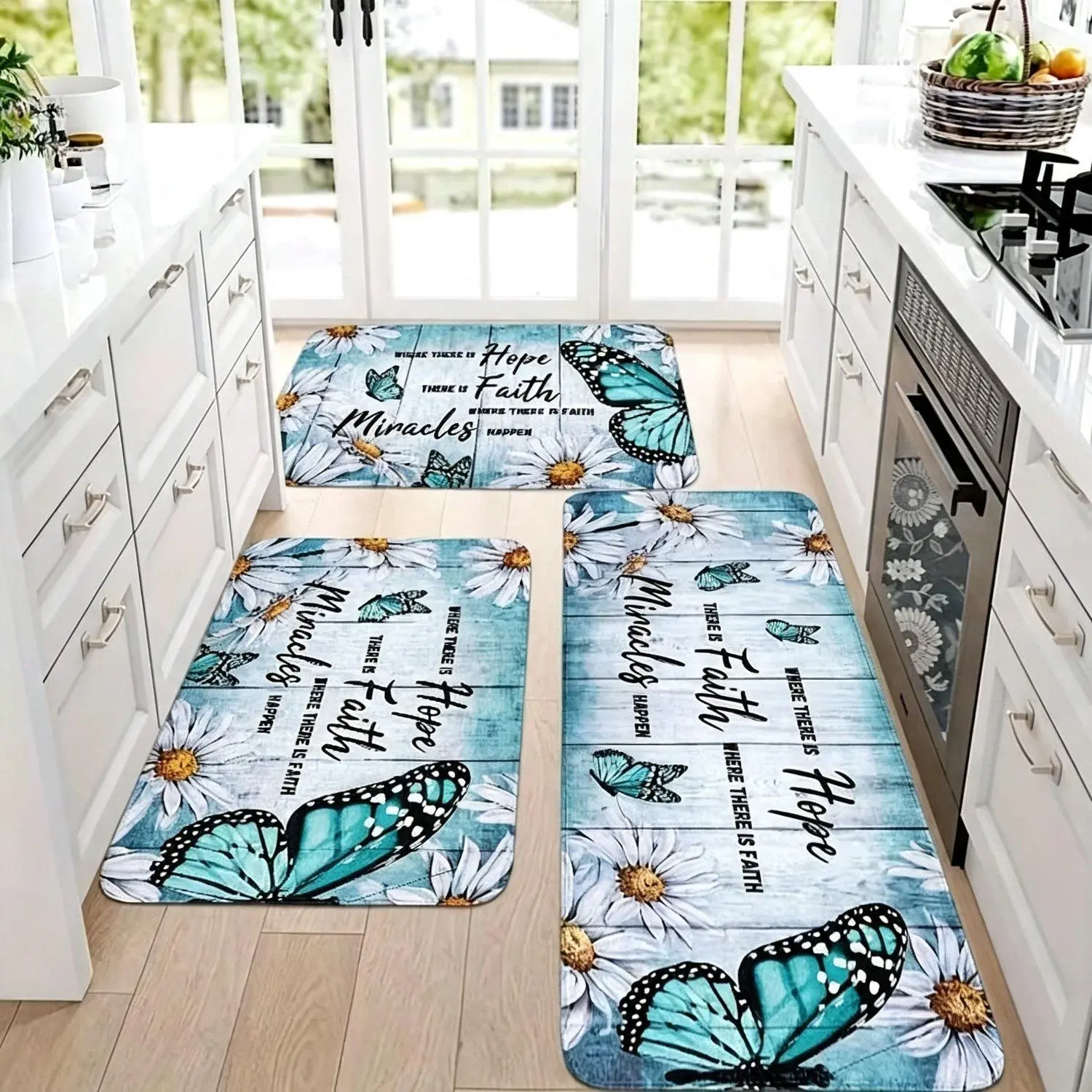 1pcs Farmhouse Style Kitchen Mats, Daisy Butterfly Wood Plank Carpet Kitchen Carpet, Corridor Carpet, Flannel Material Is Soft